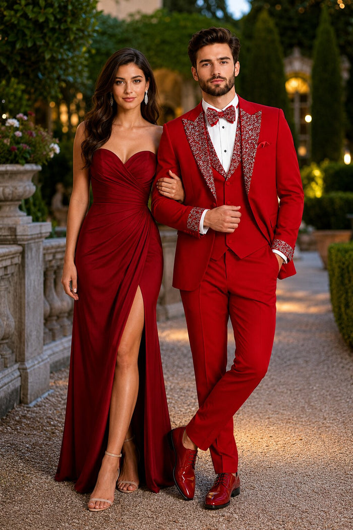 Red Prom Tuxedo - Perfect Wedding Suit Vested Rhinestone sequin Lapelled