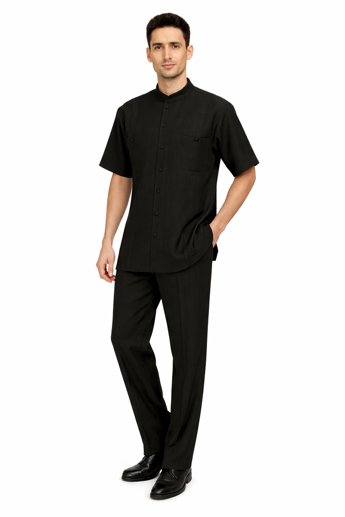 Mens Black Banded Collar Walking Suit Short Sleeve Shirt and Matching Pants Banded Collar Linen Fabric