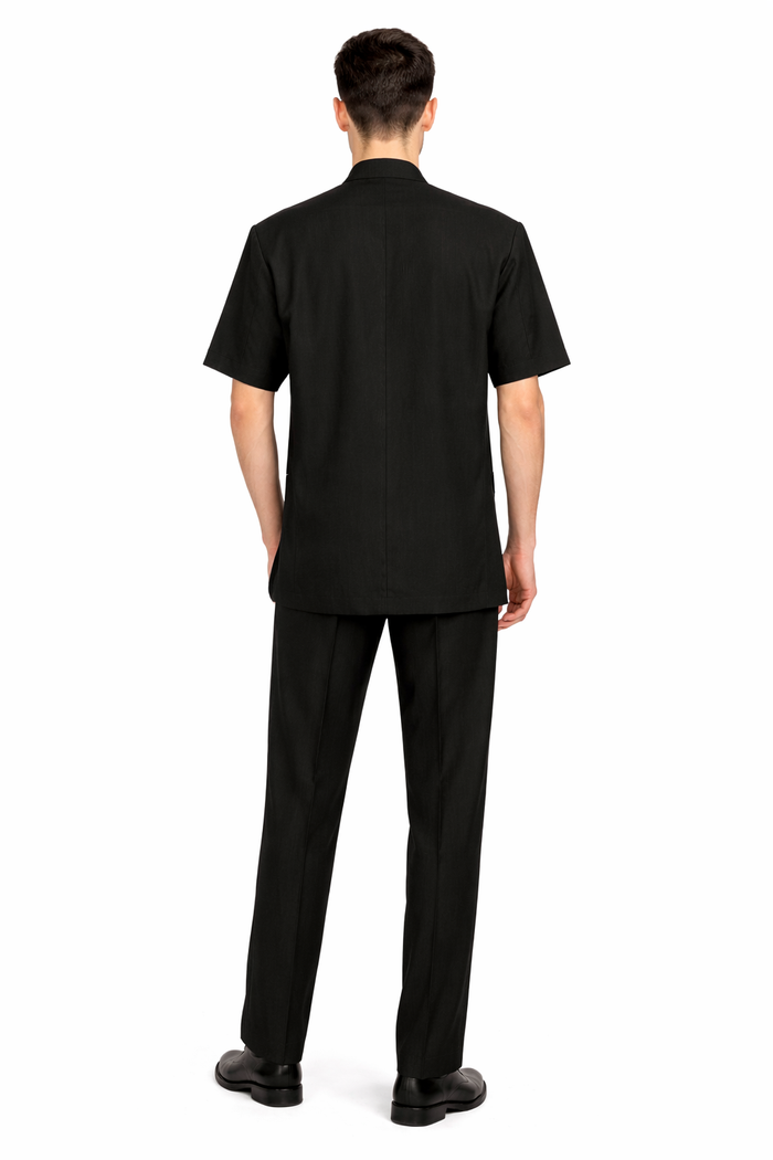 Mens Black Banded Collar Walking Suit Short Sleeve Shirt and Matching Pants Banded Collar Linen Fabric