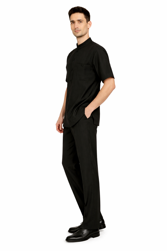 Mens Black Banded Collar Walking Suit Short Sleeve Shirt and Matching Pants Banded Collar Linen Fabric