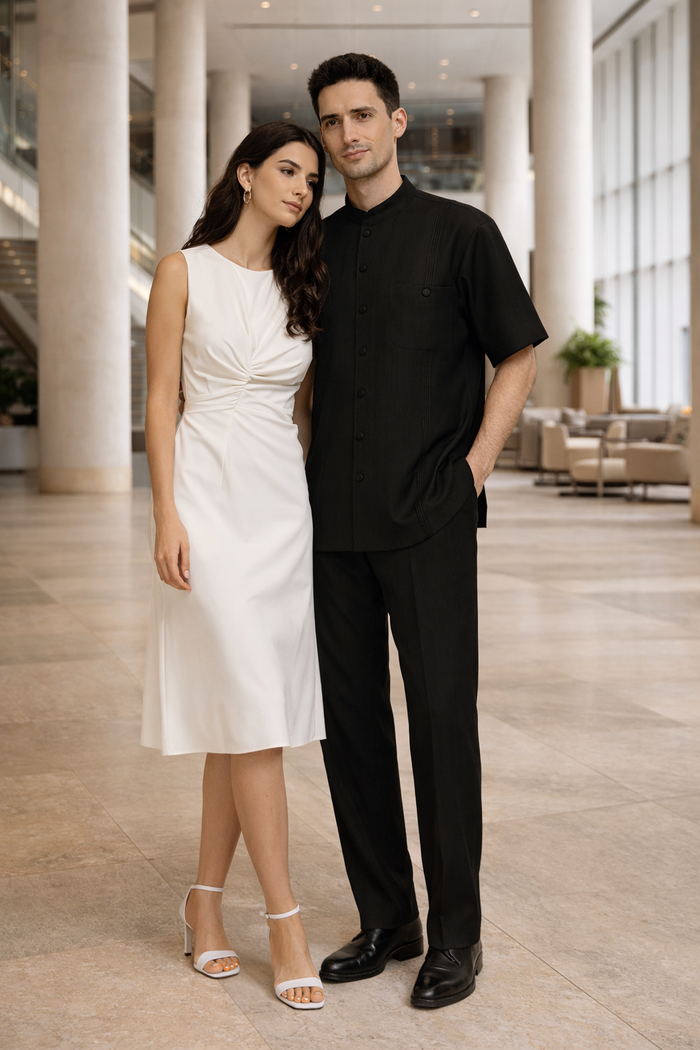 Mens Black Banded Collar Walking Suit Short Sleeve Shirt and Matching Pants Banded Collar Linen Fabric