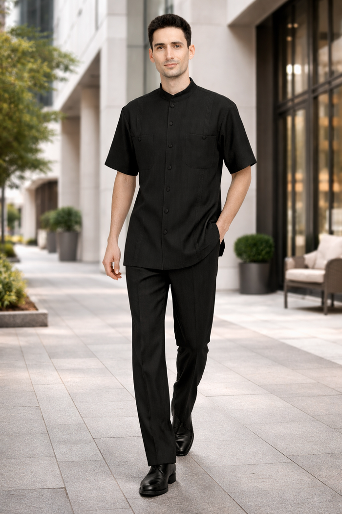 Mens Black Banded Collar Walking Suit Short Sleeve Shirt and Matching Pants Banded Collar Linen Fabric