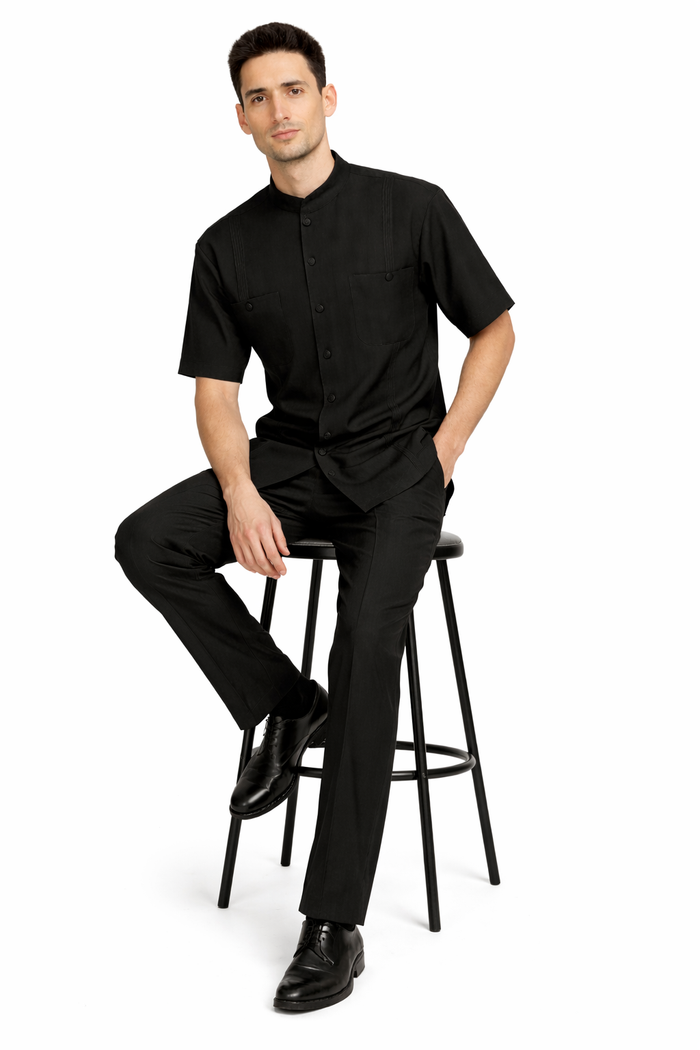 Mens Black Banded Collar Walking Suit Short Sleeve Shirt and Matching Pants Banded Collar Linen Fabric