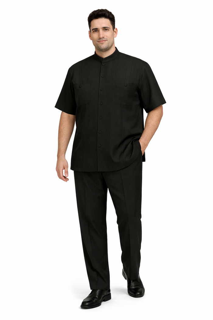 Mens Black Banded Collar Walking Suit Short Sleeve Shirt and Matching Pants Banded Collar Linen Fabric