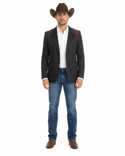 Men’s Black & Brown Western Blazer – Cowboy Sport Coat with Brown Embroidered Shoulder & Back Design