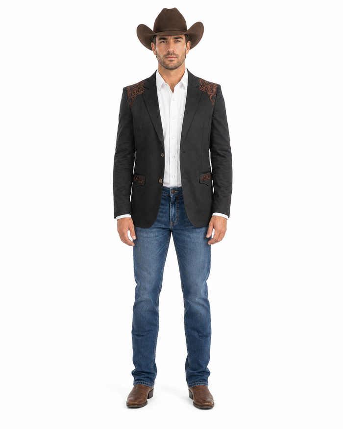 Men’s Black & Brown Western Blazer – Cowboy Sport Coat with Brown Embroidered Shoulder & Back Design