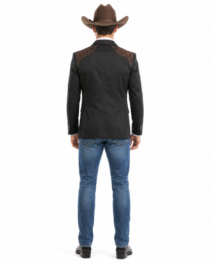Men’s Black & Brown Western Blazer – Cowboy Sport Coat with Brown Embroidered Shoulder & Back Design