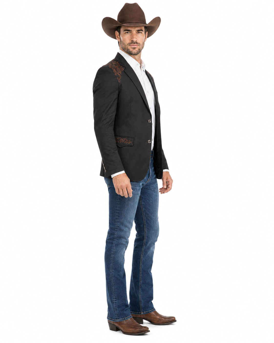 Men’s Black & Brown Western Blazer – Cowboy Sport Coat with Brown Embroidered Shoulder & Back Design