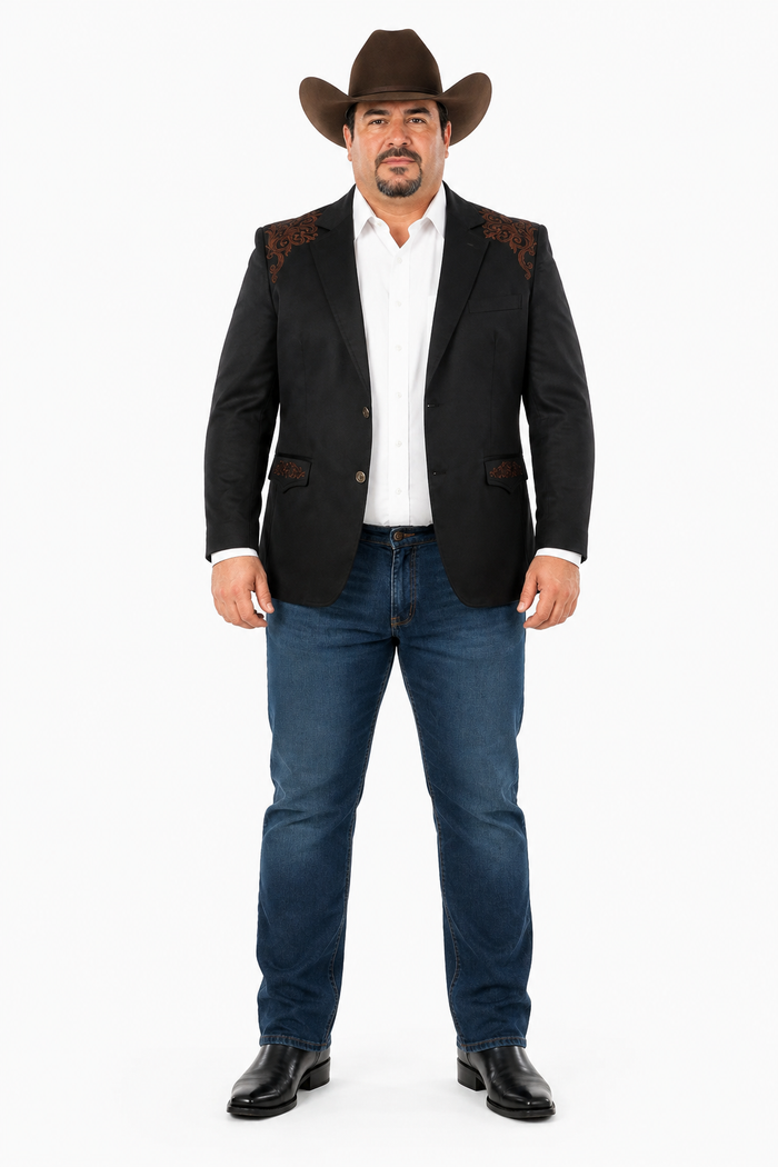 Men’s Black & Brown Western Blazer – Cowboy Sport Coat with Brown Embroidered Shoulder & Back Design