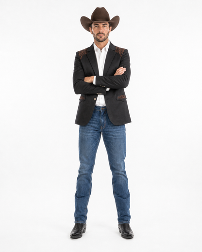 Men’s Black & Brown Western Blazer – Cowboy Sport Coat with Brown Embroidered Shoulder & Back Design