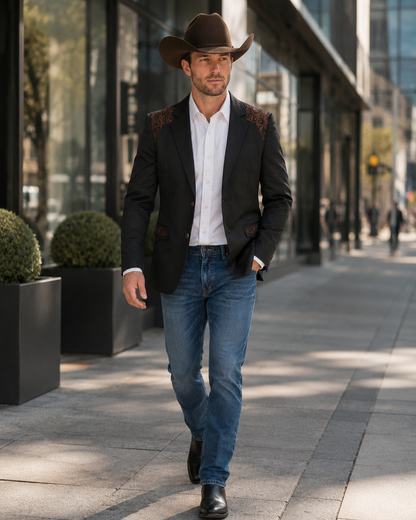 Men’s Black & Brown Western Blazer – Cowboy Sport Coat with Brown Embroidered Shoulder & Back Design