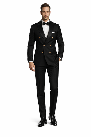 Mens Black Double-Breasted Tuxedo  Classic Shawl Lapel Suit with Gold Buttons for Weddings, Galas, and Black Tie Events