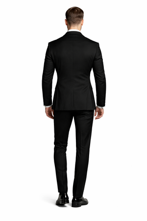 Mens Black Double-Breasted Tuxedo  Classic Shawl Lapel Suit with Gold Buttons for Weddings, Galas, and Black Tie Events