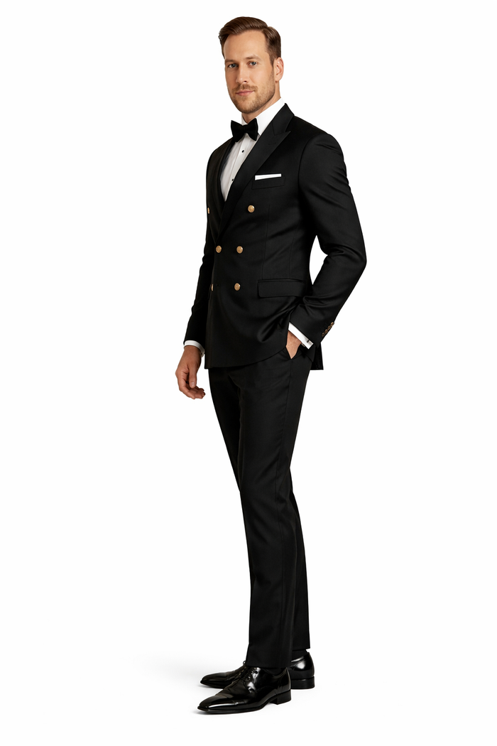 Men's Black Double-Breasted Tuxedo - Classic Shawl Lapel Suit with Gold Buttons for Weddings, Galas, and Black Tie Events
