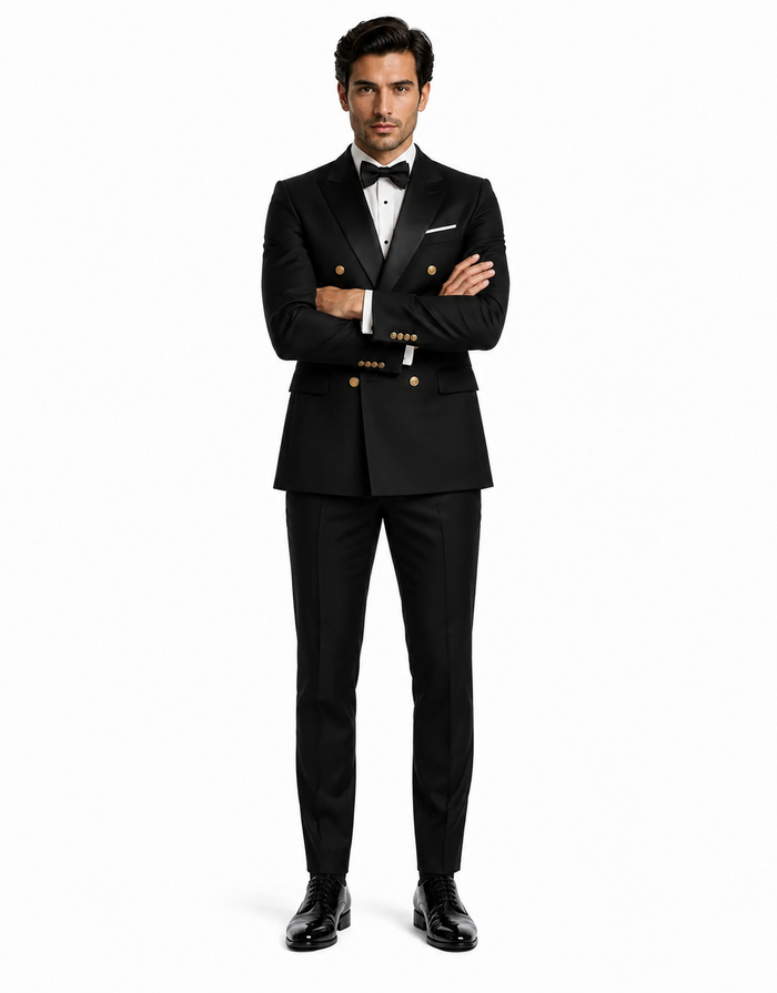Men's Black Double-Breasted Tuxedo - Classic Shawl Lapel Suit with Gold Buttons for Weddings, Galas, and Black Tie Events