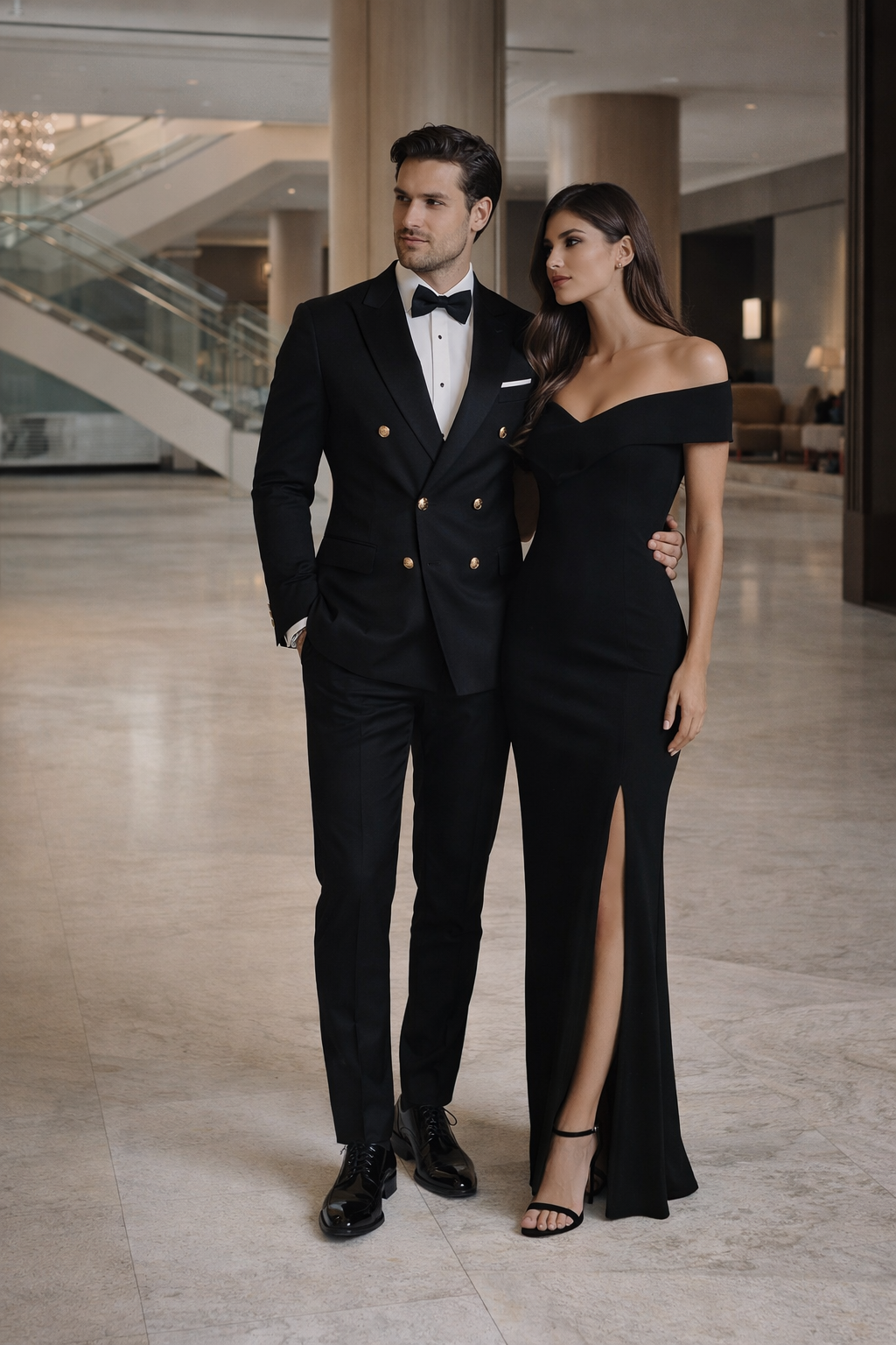 Men's Black Double-Breasted Tuxedo - Classic Shawl Lapel Suit with Gold Buttons for Weddings, Galas, and Black Tie Events