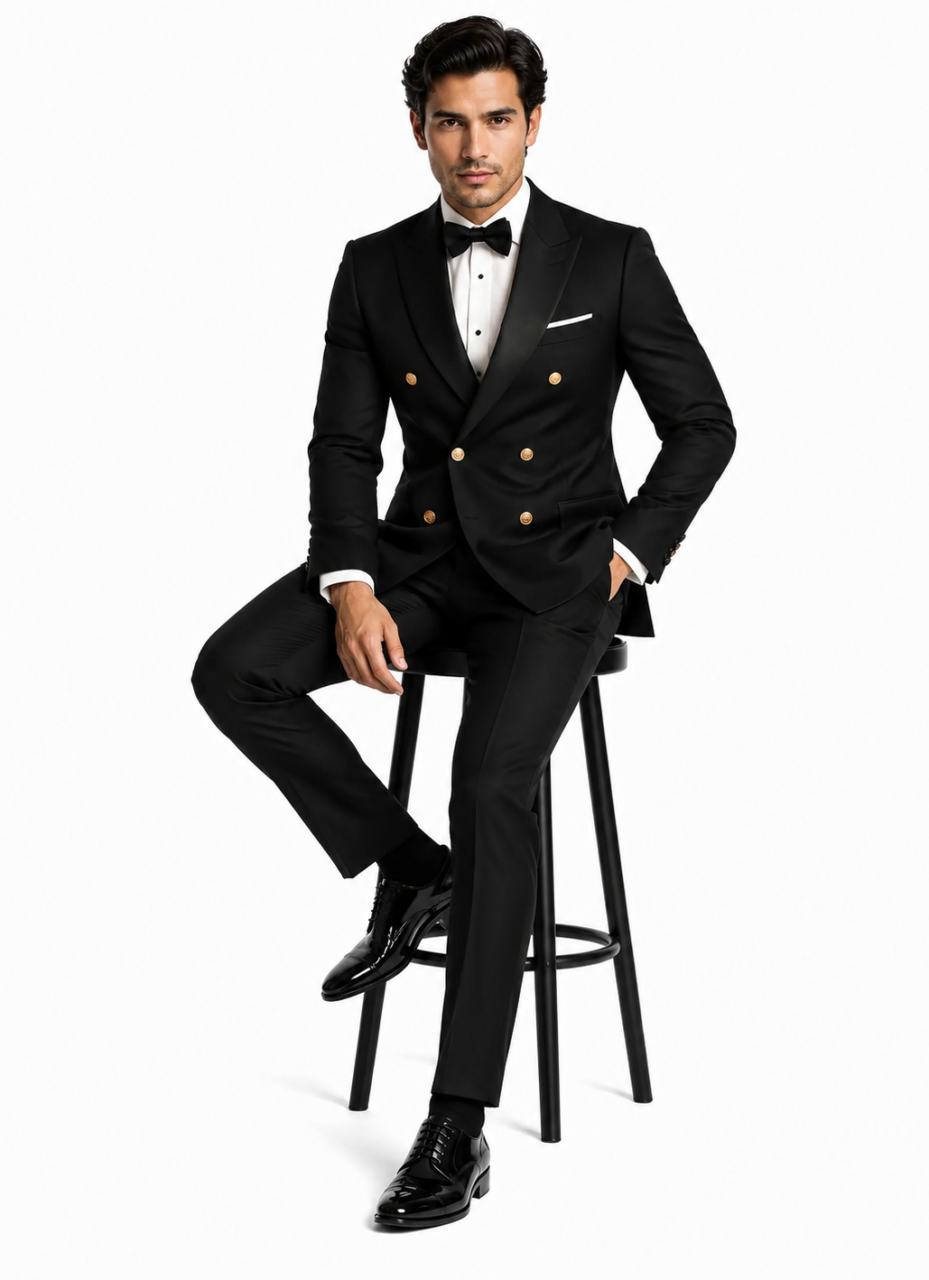 Men's Black Double-Breasted Tuxedo - Classic Shawl Lapel Suit with Gold Buttons for Weddings, Galas, and Black Tie Events