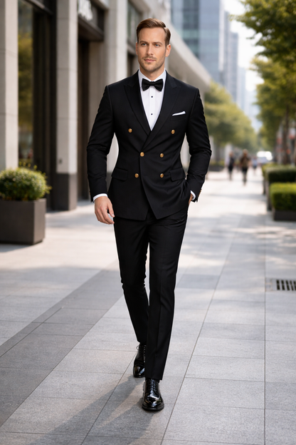 Men's Black Double-Breasted Tuxedo - Classic Shawl Lapel Suit with Gold Buttons for Weddings, Galas, and Black Tie Events