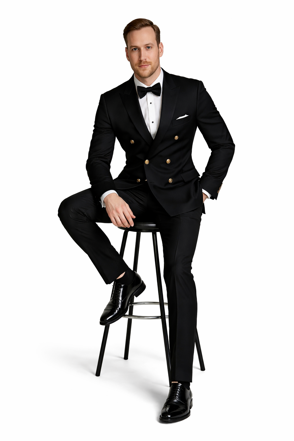 Men's Black Double-Breasted Tuxedo - Classic Shawl Lapel Suit with Gold Buttons for Weddings, Galas, and Black Tie Events