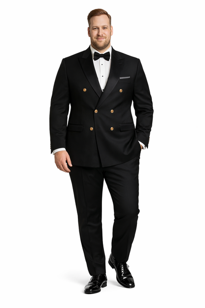 Men's Black Double-Breasted Tuxedo - Classic Shawl Lapel Suit with Gold Buttons for Weddings, Galas, and Black Tie Events