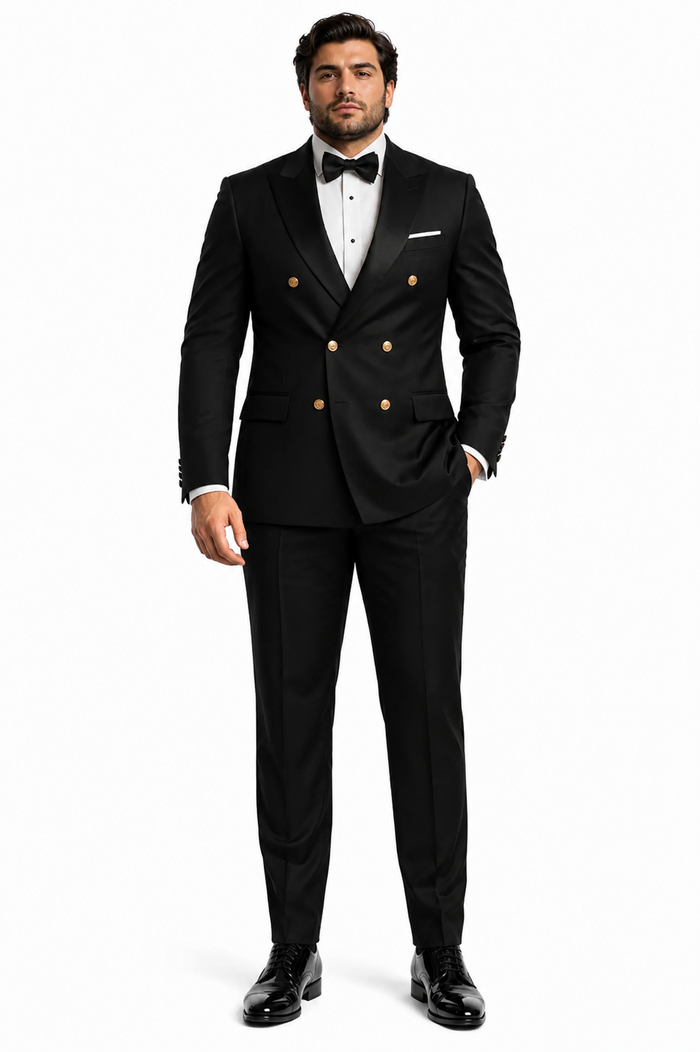 Men's Black Double-Breasted Tuxedo - Classic Shawl Lapel Suit with Gold Buttons for Weddings, Galas, and Black Tie Events