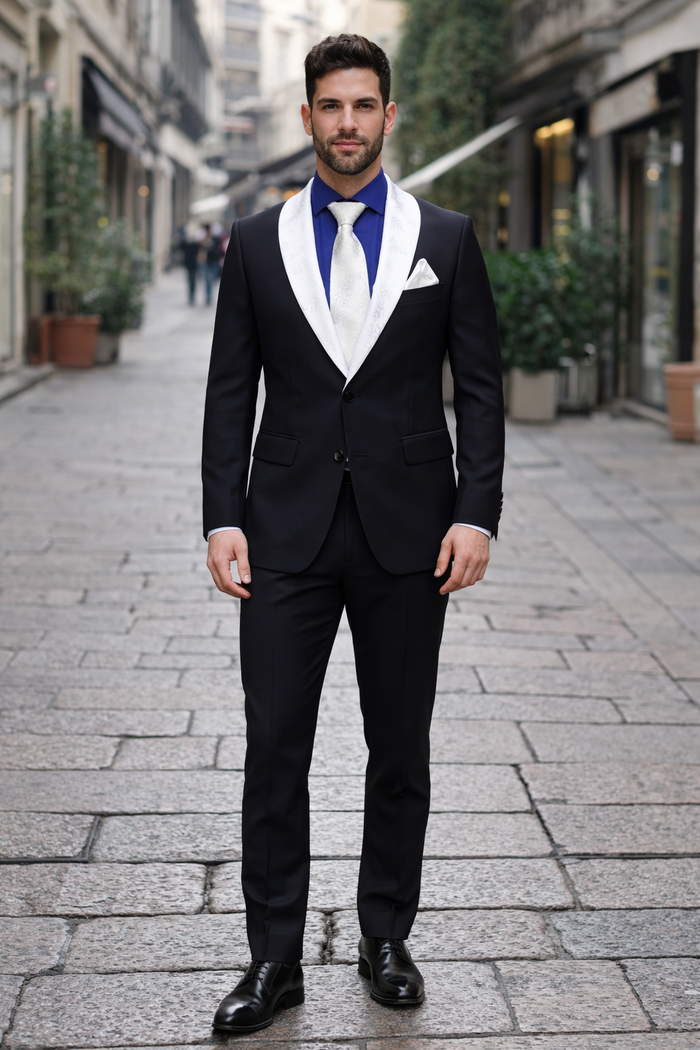 Men’s Modern Fit Black Suit with Designer Shawl Lapel – Wedding & Evening Tuxedo