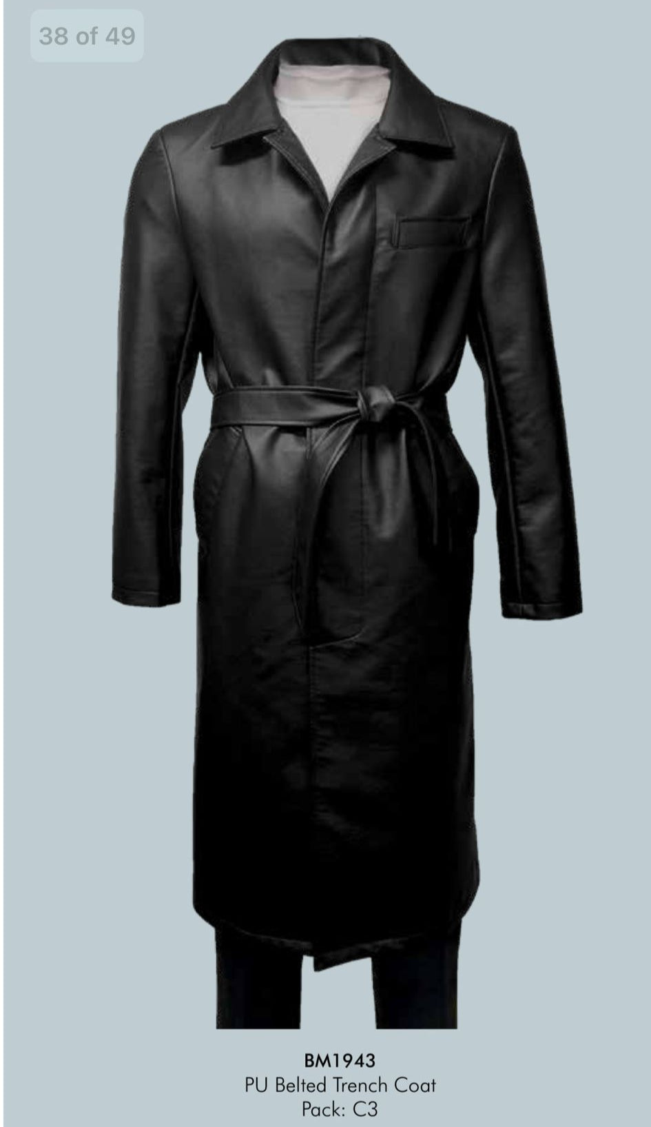 Small Men's Black PU Belted Trench Coat – Long Leather Look
