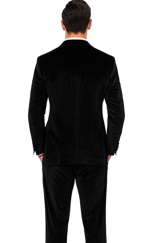 Mens Black Velvet Suit  Tazzio 2-Piece Slim Fit Peak Lapel Tuxedo Style Formalwear