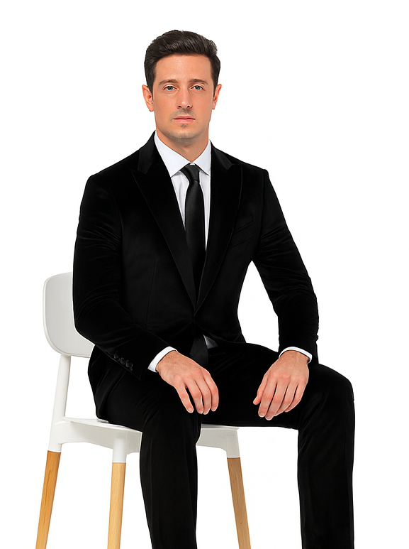 Mens Black Velvet Suit  Tazzio 2-Piece Slim Fit Peak Lapel Tuxedo Style Formalwear