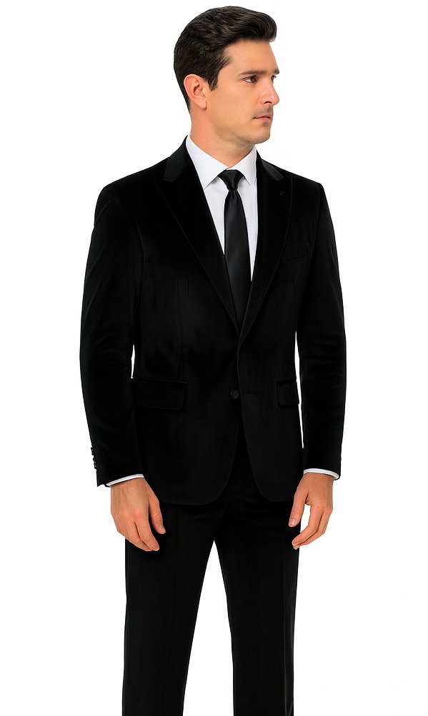 Mens Black Velvet Suit  Tazzio 2-Piece Slim Fit Peak Lapel Tuxedo Style Formalwear
