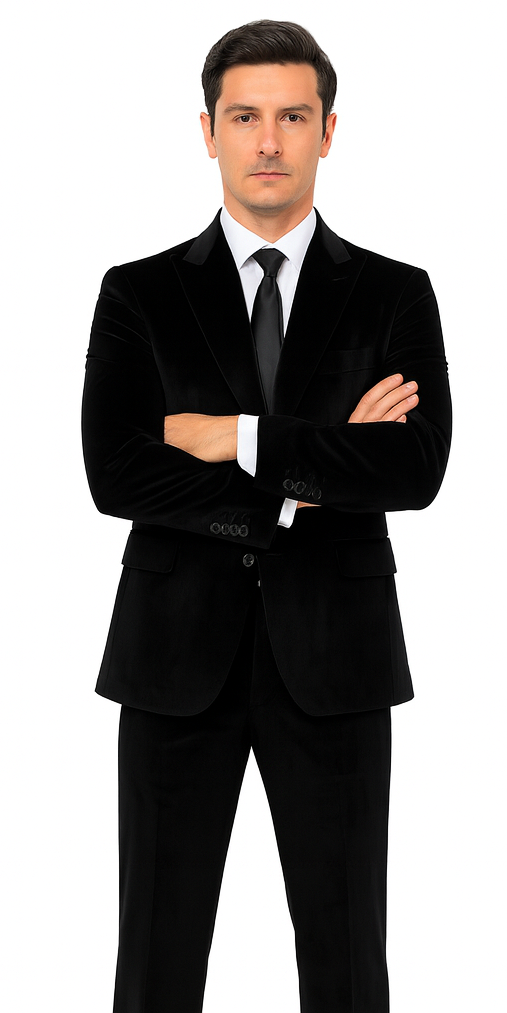 Mens Black Velvet Suit  Tazzio 2-Piece Slim Fit Peak Lapel Tuxedo Style Formalwear