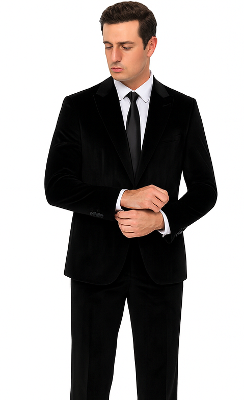 Mens Black Velvet Suit  Tazzio 2-Piece Slim Fit Peak Lapel Tuxedo Style Formalwear