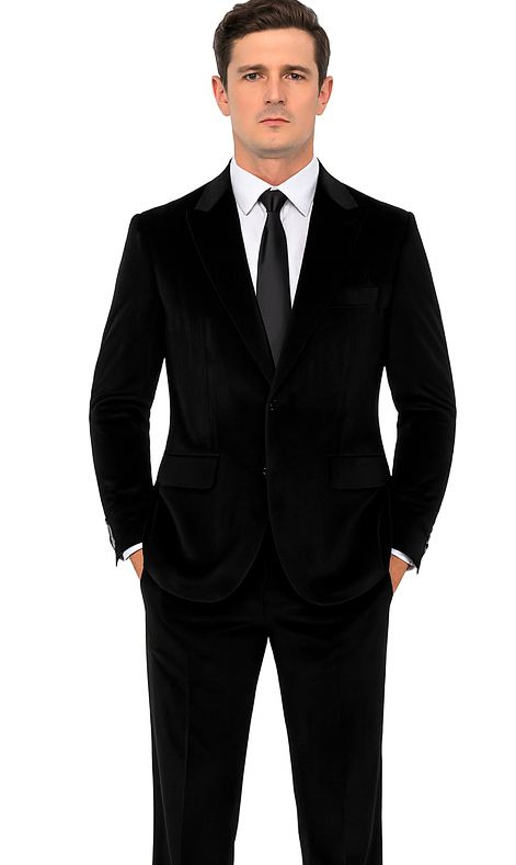 Mens Black Velvet Suit  Tazzio 2-Piece Slim Fit Peak Lapel Tuxedo Style Formalwear