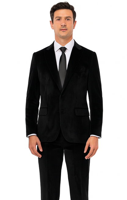 Mens Black Velvet Suit  Tazzio 2-Piece Slim Fit Peak Lapel Tuxedo Style Formalwear