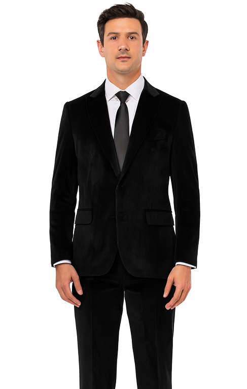 Mens Black Velvet Suit  Tazzio 2-Piece Slim Fit Peak Lapel Tuxedo Style Formalwear