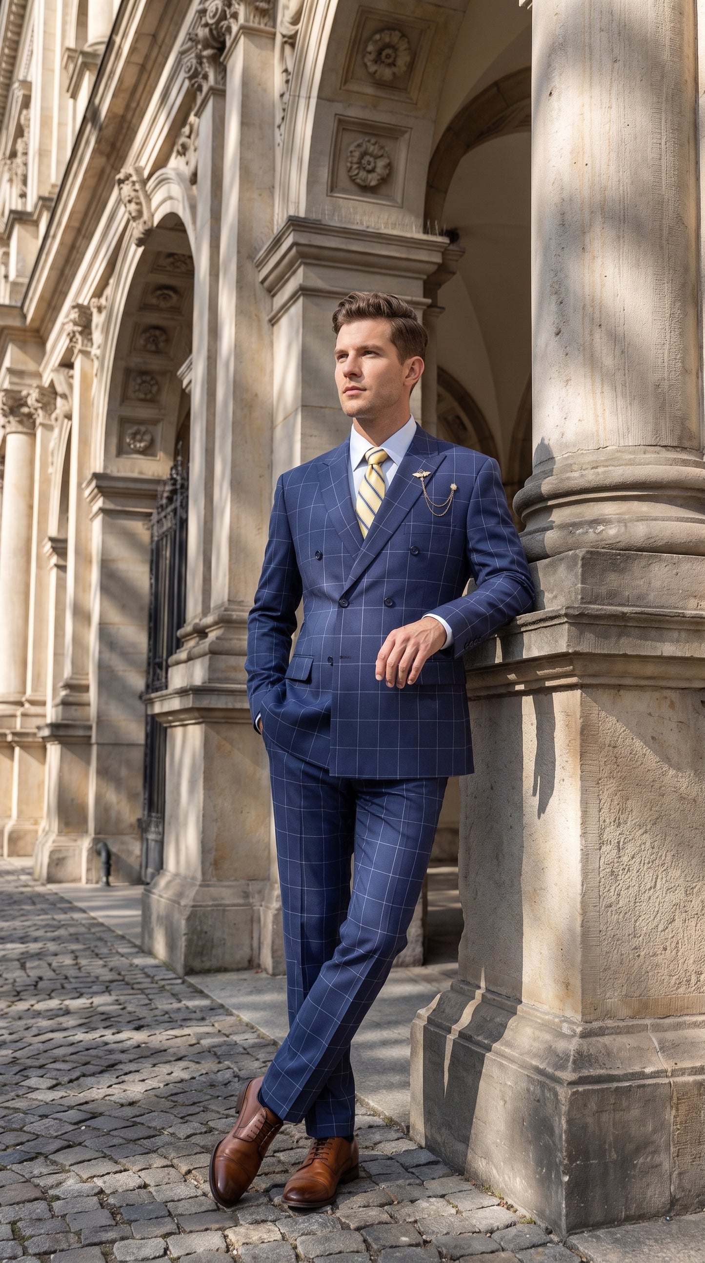 Men’s Blue Plaid Double-Breasted Suit – Side-Vented Wedding, Business and Formal Suit