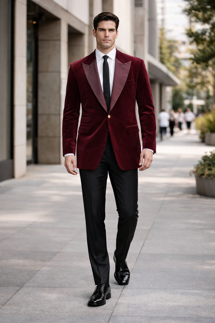 Mens Burgundy Tuxedo in  Velvet  Long Blazer  Victorian Cutaway Tuxedo Suit 1920s Gangster Style Long Jacket with Black Pants