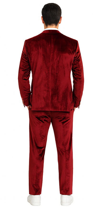 Tazzio Mens Burgundy Velvet Suit  Designer 2-Piece Slim Fit Tuxedo Style