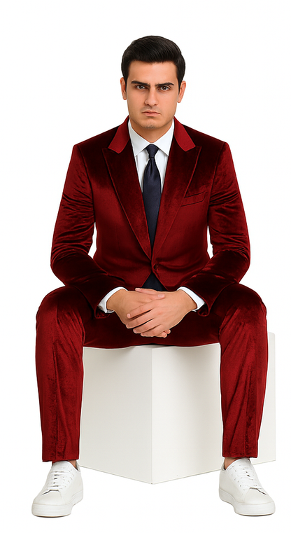 Tazzio Mens Burgundy Velvet Suit  Designer 2-Piece Slim Fit Tuxedo Style