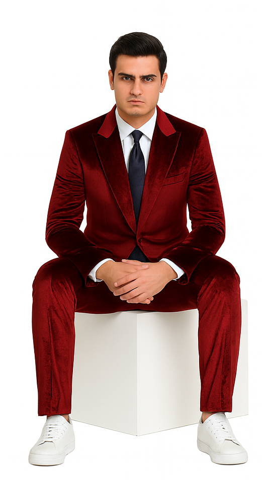 Tazzio Mens Burgundy Velvet Suit  Designer 2-Piece Slim Fit Tuxedo Style