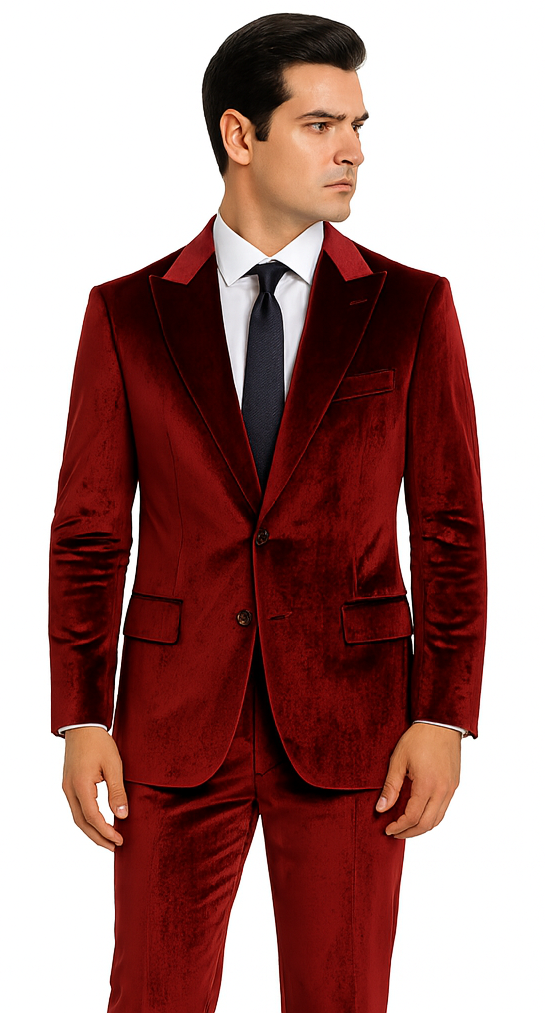 Tazzio Mens Burgundy Velvet Suit  Designer 2-Piece Slim Fit Tuxedo Style