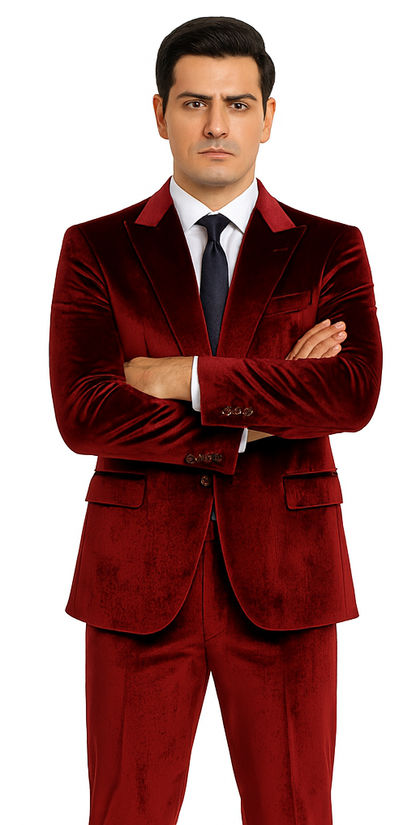 Tazzio Mens Burgundy Velvet Suit  Designer 2-Piece Slim Fit Tuxedo Style