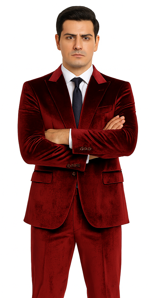 Tazzio Mens Burgundy Velvet Suit  Designer 2-Piece Slim Fit Tuxedo Style