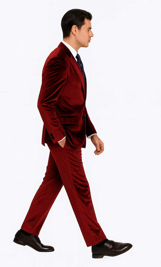 Tazzio Mens Burgundy Velvet Suit  Designer 2-Piece Slim Fit Tuxedo Style