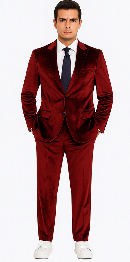 Tazzio Mens Burgundy Velvet Suit  Designer 2-Piece Slim Fit Tuxedo Style