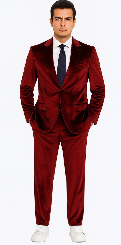Tazzio Mens Burgundy Velvet Suit  Designer 2-Piece Slim Fit Tuxedo Style