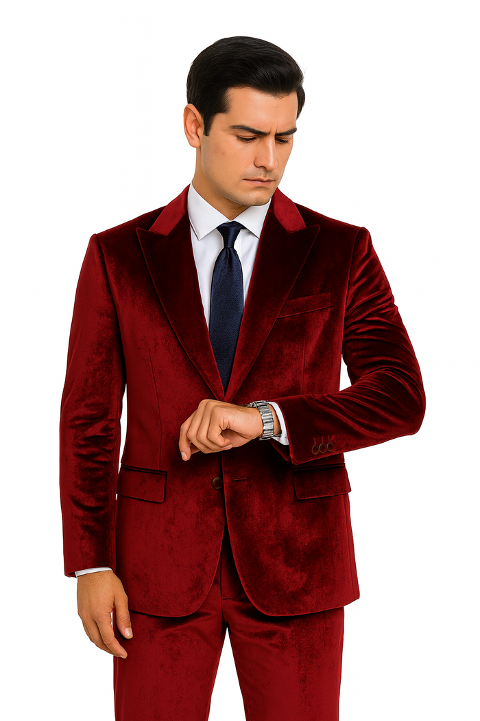 Tazzio Mens Burgundy Velvet Suit  Designer 2-Piece Slim Fit Tuxedo Style