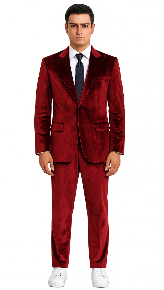 Tazzio Mens Burgundy Velvet Suit  Designer 2-Piece Slim Fit Tuxedo Style