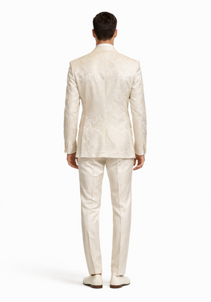 Mens Champaign Ivory  Jacquard Paisley Tuxedo Suit with Satin Shawl Lapel  Elegant Wedding and Prom Outfit By Rossiman