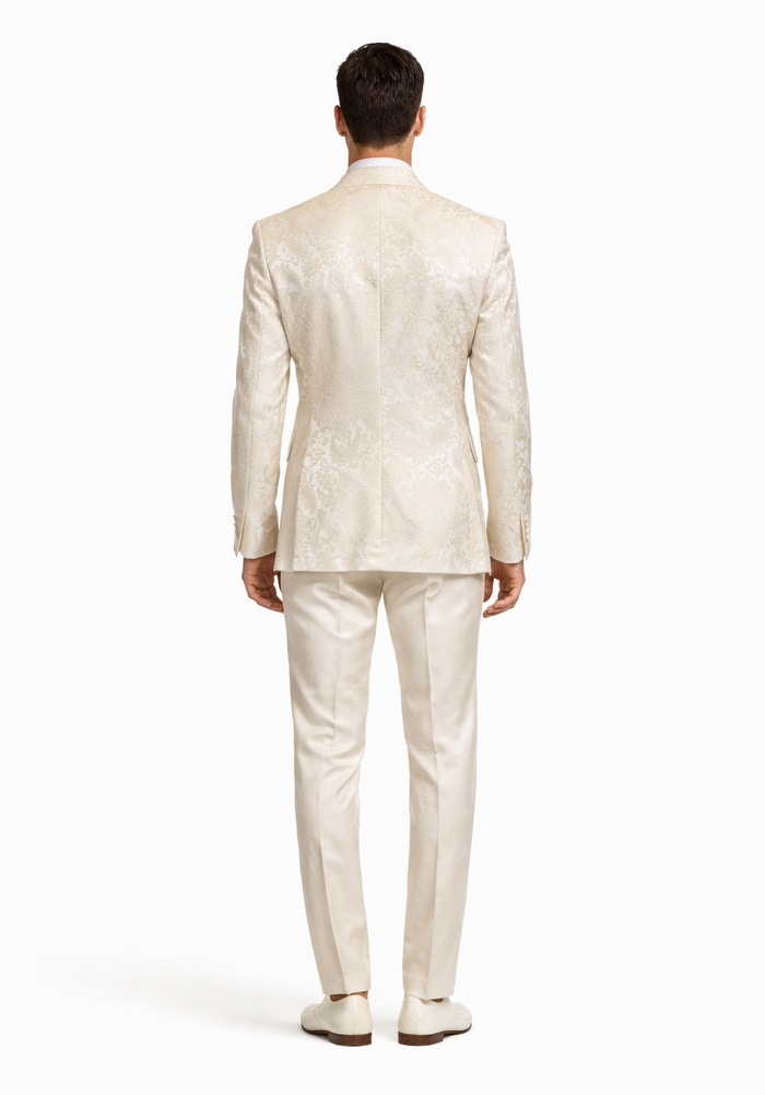 Mens Champaign Ivory  Jacquard Paisley Tuxedo Suit with Satin Shawl Lapel  Elegant Wedding and Prom Outfit By Rossiman